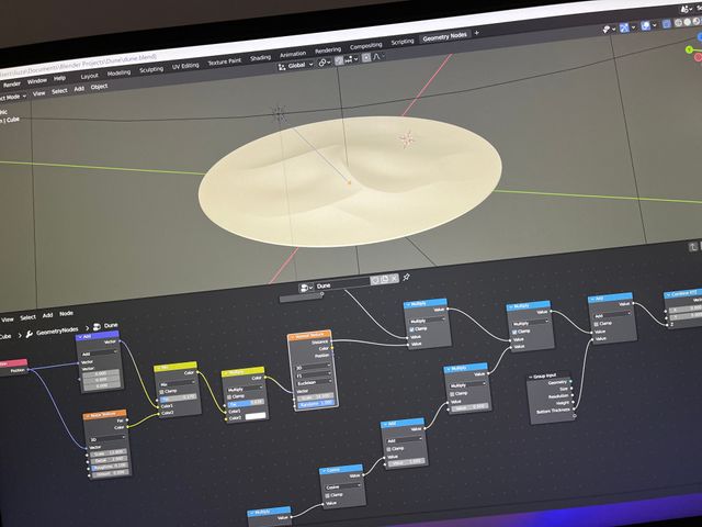 user interface in Blender, showing geometry node and preview of hot the dune shape generated