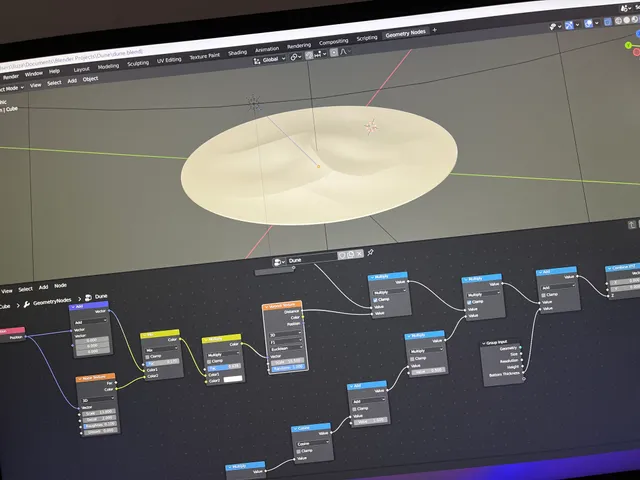 Blender geometry nodes and a preview of the generated dune surface