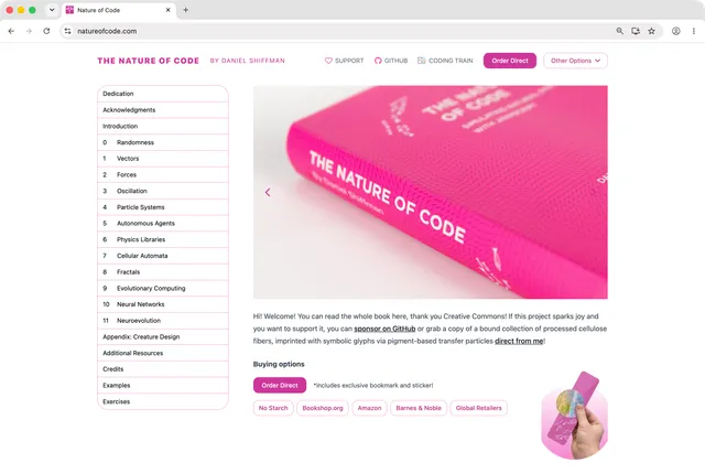Nature of Code website with a chapter navigation sidebar beside the book cover and description
