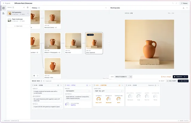 Diffusion Rack interface showing a generated ceramic vase, branching take history, and modular scene, style, lighting, and color controls