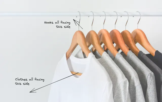 Six shirts hanging in the same direction, with annotations showing the aligned hooks and clothing