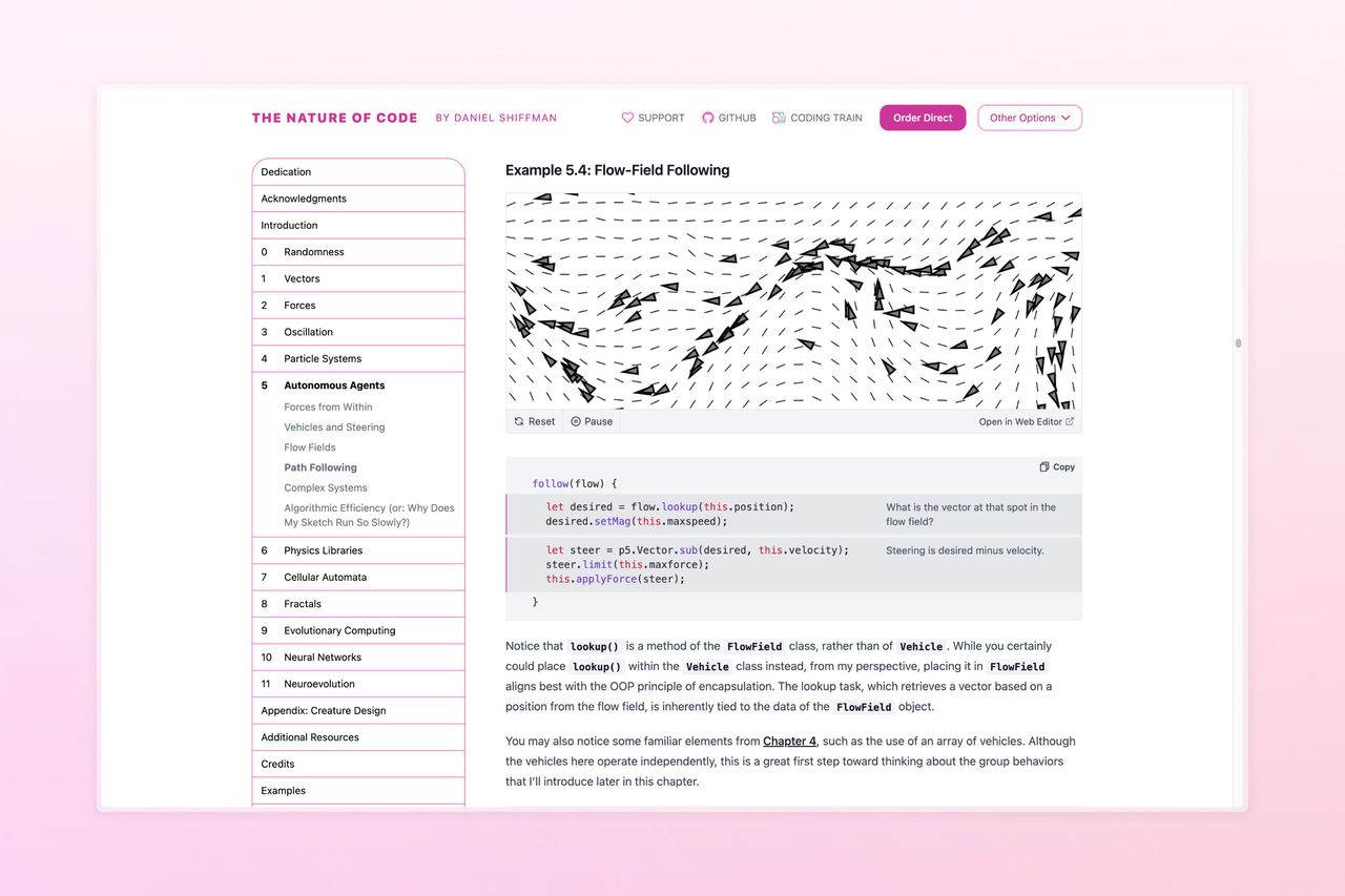 interactive sketches running the flow-field simulation along with the corresponding code