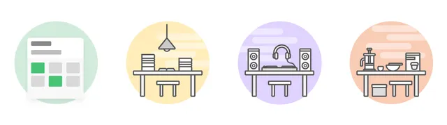 Four pastel illustrations representing scheduling, dining, music, and cooking activities