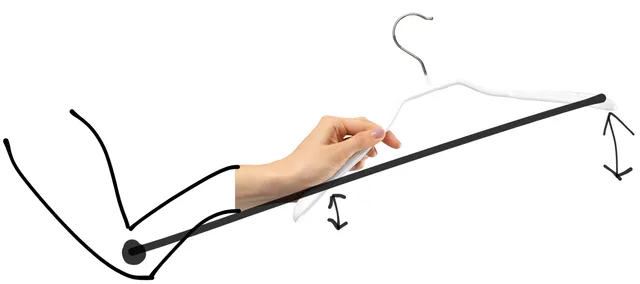 Lever diagram showing a hand holding a hanger and the different motion at each end